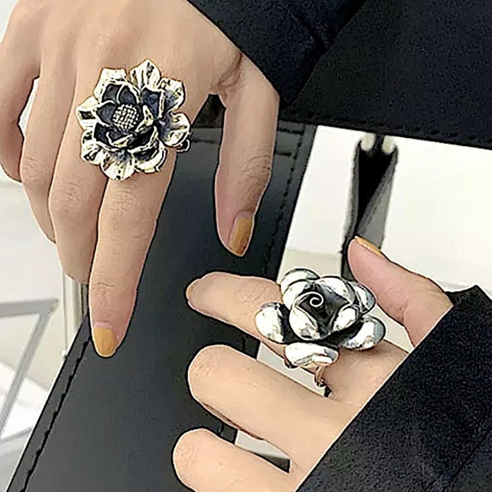 Flower Sterling Silver Two Piece Resizable Statement Ring Set